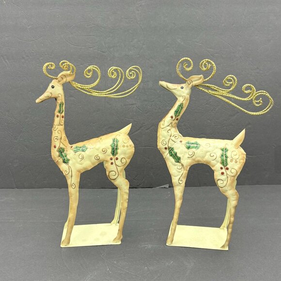 Christmas Reindeer Figurine Set of 2 Metal Gold Spiral Antlers Holly Accents VTG - Picture 1 of 13
